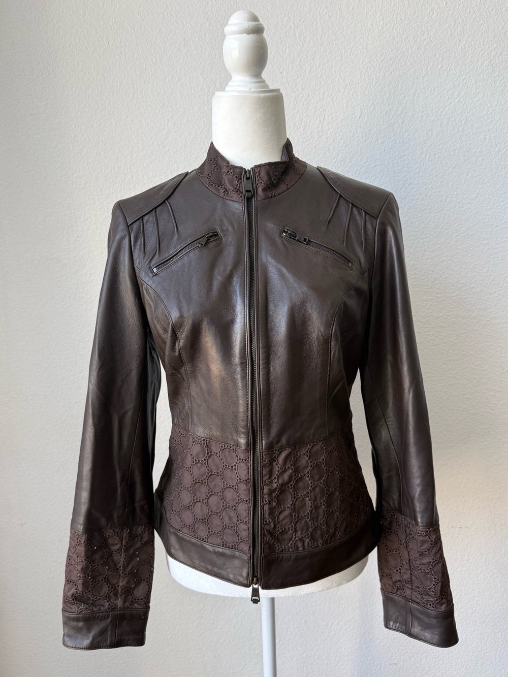 Y2K Etcetera Genuine Leather Jacket Dark Chocolate Brown Eyelet Lace Trim Moto